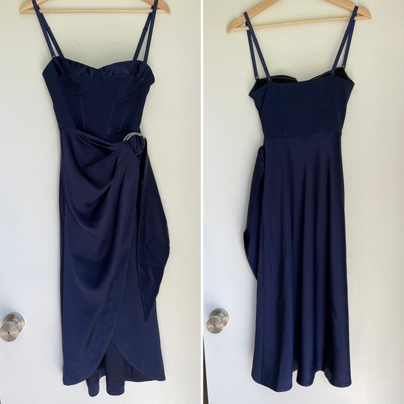 SIMKHAI Navy Blue Crepe Satin Combo Bustier Wrap Dress Size 0 - Picture 2 of 11
